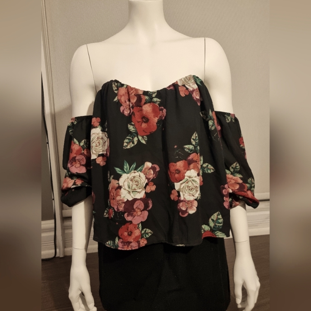 Off shoulder top with sleeves. Back zip in the under liner .